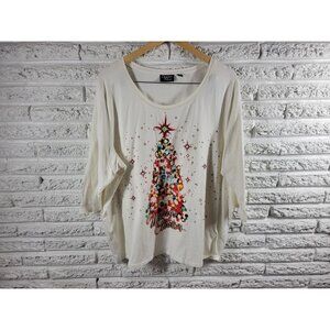 Christmas Onque Casuals Womens Top 2X Plus Tee 3/4 Sleeve Rhinestones WHI28E